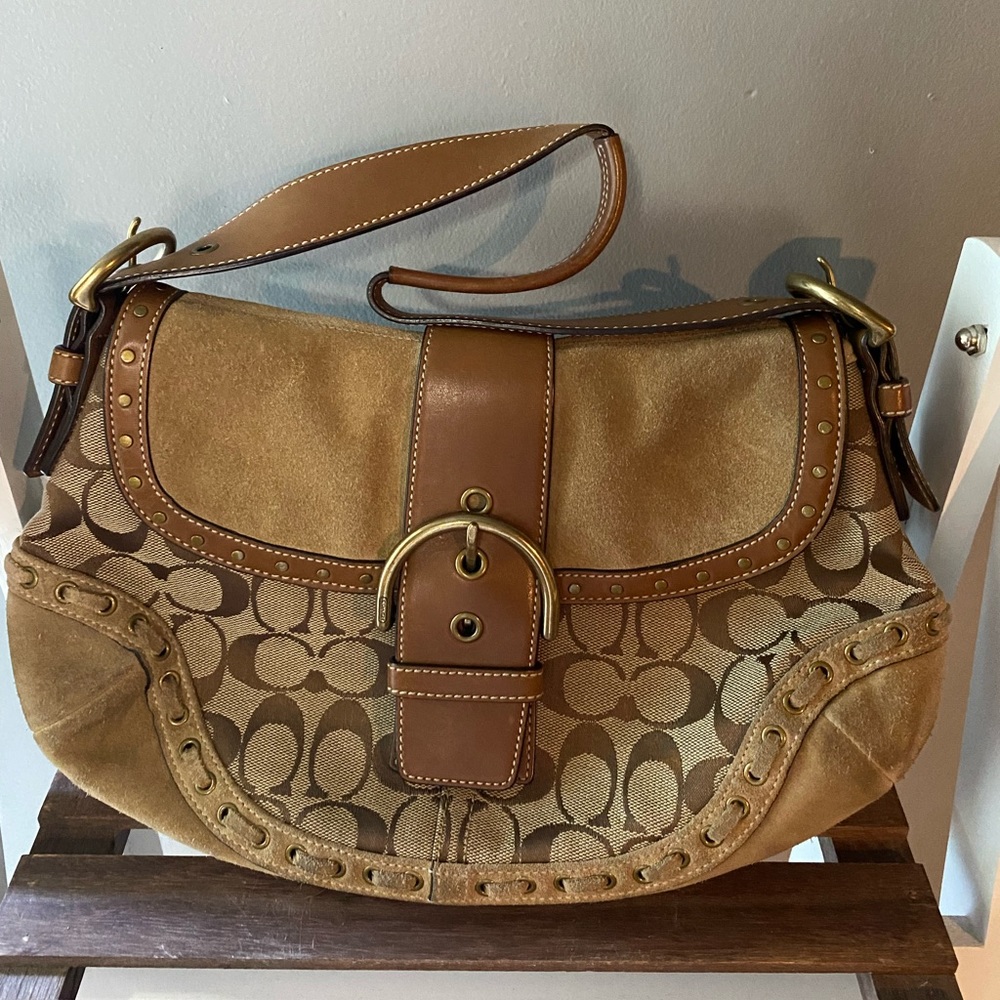 Authentic Brown suede & fabric Coach shoulder bag